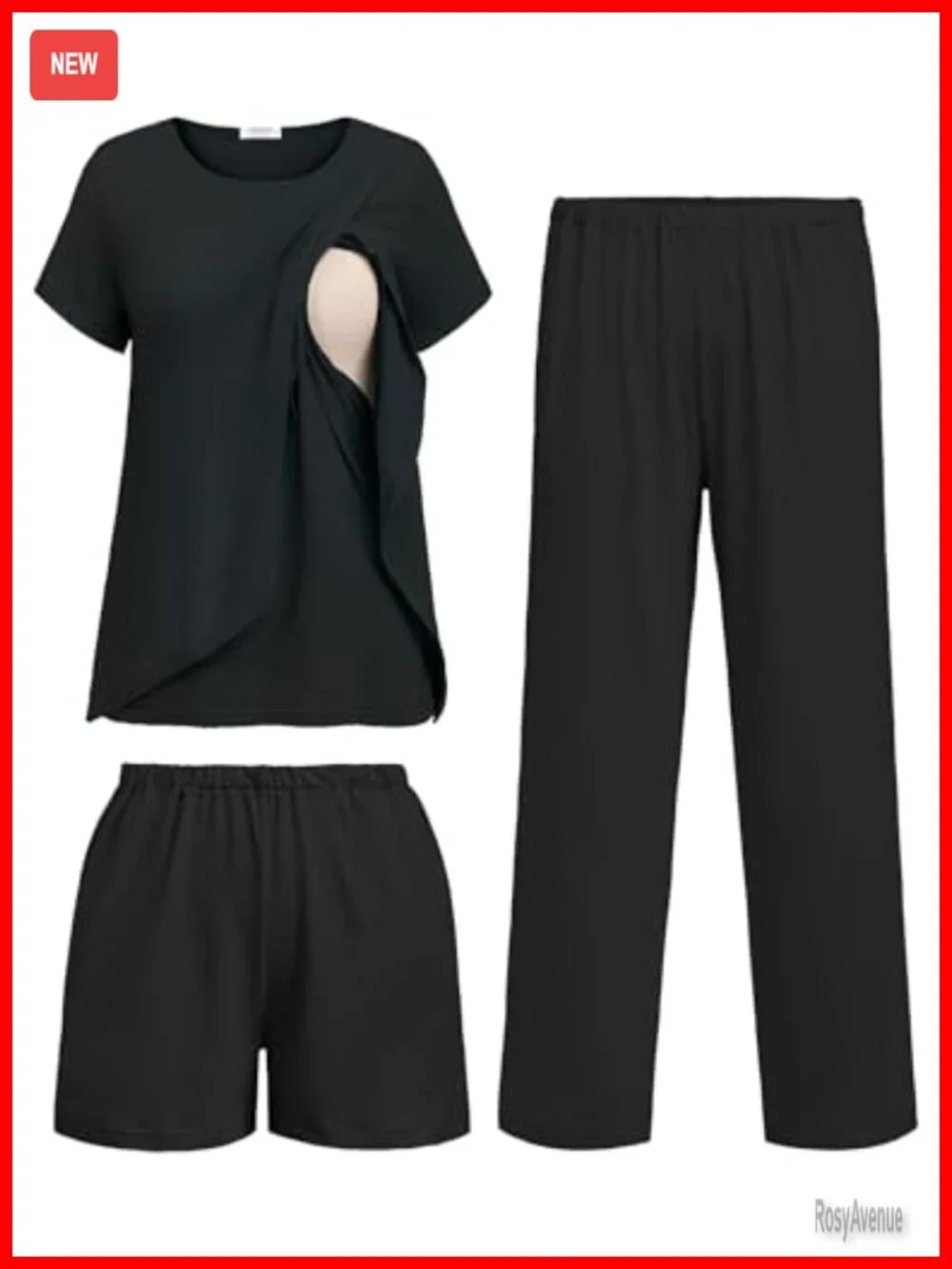 3-Piece Maternity Nursing Pajama Set - Short Sleeve Tee, Shorts, Pants